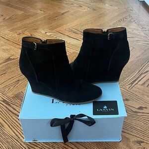 Lanvin Black Suede Wedge Booties with Buckle, EU 41 (Run Slightly Small)